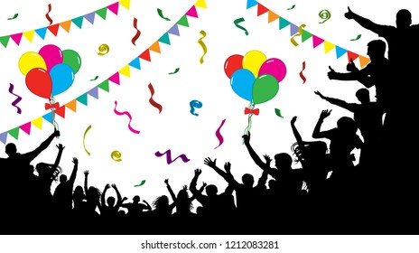 Crowd of fun people on party, holiday. Cheerful people having fun celebrating. Balloons, ribbons, confetti. Festive mood of people. Applause people hands up. Silhouette Vector Illustration