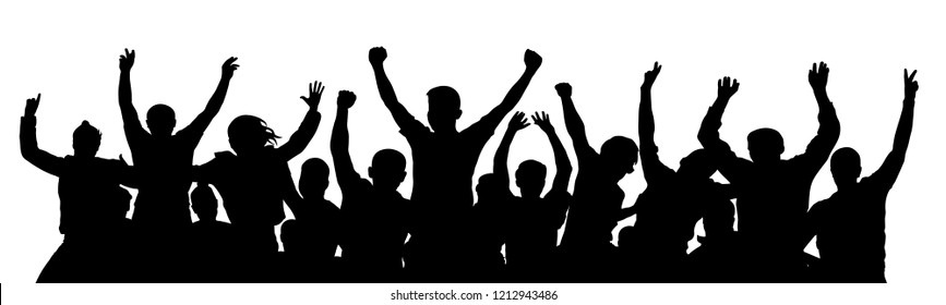 Crowd of fun people on party, holiday. Cheerful people having fun celebrating. Applause people hands up. Holiday victory. Silhouette Vector Illustration