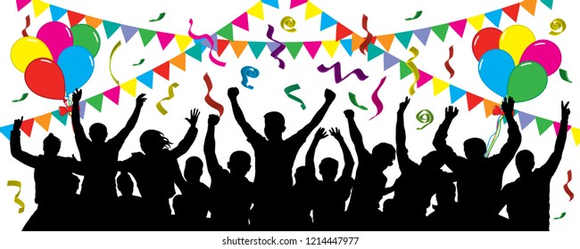 Crowd of fun people on party, holiday. Cheerful event. People having fun celebrating. Balloons, ribbons, confetti. Festive mood of people. Applause people hands up. Silhouette Vector Illustration