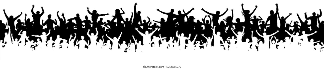 Crowd of fun people on party, holiday. Cheerful people having fun celebrating. Sporting event. Panorama of jubilant youth. Applause people hands up. Silhouette Vector Illustration