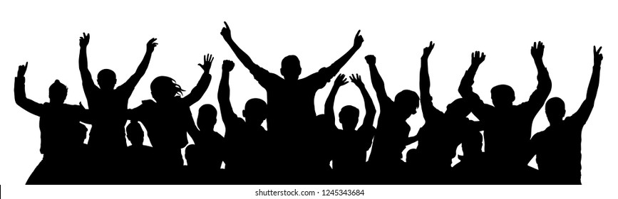 Crowd of fun people on party, holiday. Cheerful people having fun celebrating. Applause people hands up. Holiday victory. Cheer people sport fan. Detached crowd. Silhouette Vector Illustration