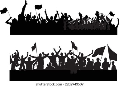 crowd of fun people on party, holiday. Cheerful people having fun celebrating. Applause people's hands up. Holiday victory Sports fans. Detached crowd. Silhouette Vector Illustration.