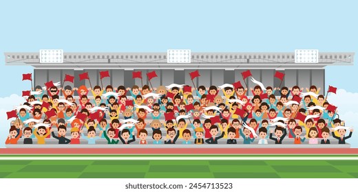 Crowd of fun people on the stadium. Cheerful people having fun celebrating. Applause people hands up. Vector Illustration.