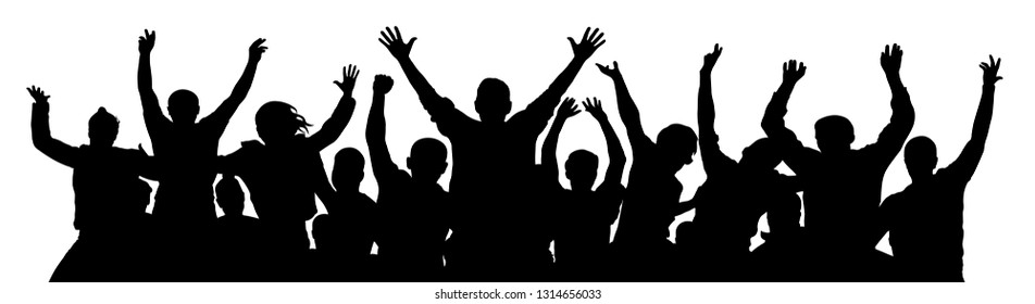 Crowd of fun people. A young group of people raised their hands up. Silhouette of vecton illustration