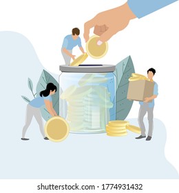 Crowd funding, collect money in jar donation, safe money. Vector finance investment, donate coin, people collect and give golden coin in glass jar illustration. Cooperation funding, fund venture