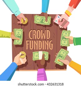 Crowd funding concept. Different people giving cash and coins money on a crowd funded project. Flat style vector illustration clipart.