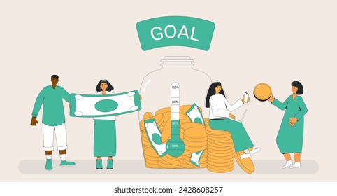 Crowd funding event concept. Founder pitching about business educational idea for sponsors. Startup goal. People with thermometer and money glass jar. Fundraising online. Vector illustration.