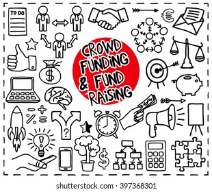 Crowd funding and Fond Raising Doodle set. Start up, launching of new project concept. Graphic elements - thumb up, alarm clock, rocket, light bulb idea, handshake, puzzle pieces. Vector illustration