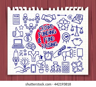 Crowd funding and Fond Raising. Doodle icons pen on paper. Start up, launching of new project concept. Graphic elements: thumb up, alarm clock, light bulb idea, handshake, puzzle. Vector illustration