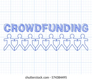 Crowd funding hand drawn text and cut out paper people chain on graph paper background
