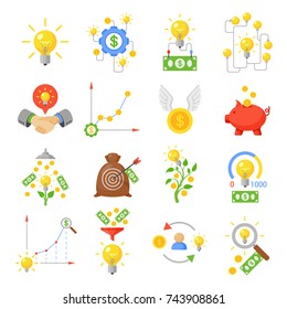Crowd funding icon set. Funding a project, individuals giving small donation on crowdfunding platform. Vector flat style cartoon illustration isolated on white background