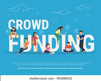 Crowd funding illustration of young various people using laptop, tablet pc and smartphone for online funding new startup or making donation for project. Flat design of guys and women near big letters