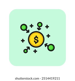 Icono de línea de financiación colectiva. Ganar dinero, donaciones, marketing. Concepto de recursos. Puede ser utilizado para temas como negocios, inversión, comercio