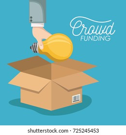 crowd funding poster with hand depositing bulb in cardboard box in blue background vector illustration