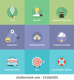 Crowd Funding Service, Investing Platform For Innovation Project, Creative Development Of Small Business, Startup Model And Community Ideas. Flat Design Icons Set Modern Vector Illustration Concept.