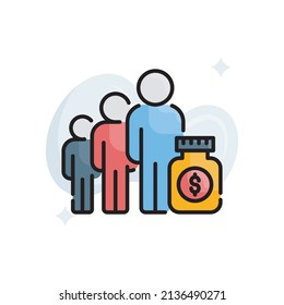 Ilustración de diseño del icono de esquema rellenado por vectores de financiación colectiva. Archivo EPS 10 sobre fondo blanco