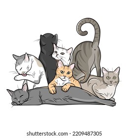 Crowd, gathering of funny cats in various poses, cartoon, comic illustration