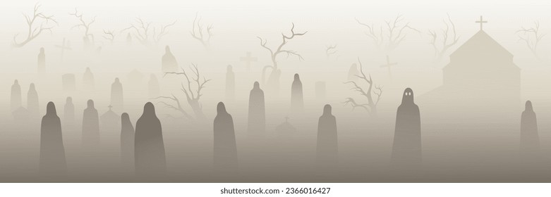 A crowd of ghosts stands in the fog in a cemetery, one of the ghosts is looking at you. Long 1:3 vector image in warm gray color