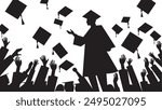 Crowd of graduates in mantles, throws up the square academic caps. Graduated student. Happy Graduation Activity Silhouettes.