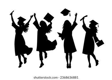 Crowd of graduates in mantles, throws up the square academic caps. Graduated student. Happy Graduation Activity Silhouettes.