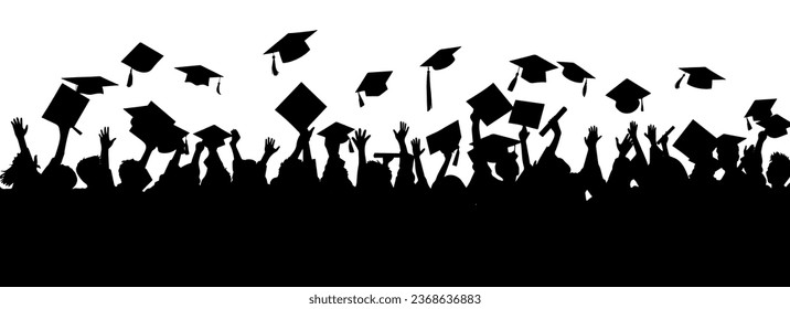 Crowd of graduates in mantles, throws up the square academic caps. Graduated student. Happy Graduation Activity Silhouettes.