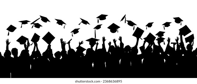 Crowd of graduates in mantles, throws up the square academic caps. Graduated student. Happy Graduation Activity Silhouettes.