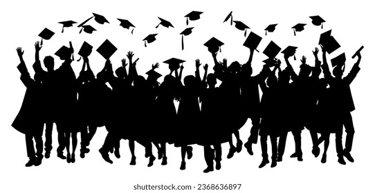 Crowd of graduates in mantles, throws up the square academic caps. Graduated student. Happy Graduation Activity Silhouettes.