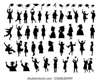 Crowd of graduates in mantles, throws up the square academic caps. Graduated student. Happy Graduation Activity Silhouettes.