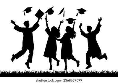 Crowd of graduates in mantles, throws up the square academic caps. Graduated student. Happy Graduation Activity Silhouettes.