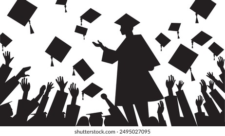 Crowd of graduates in mantles, throws up the square academic caps. Graduated student. Happy Graduation Activity Silhouettes.