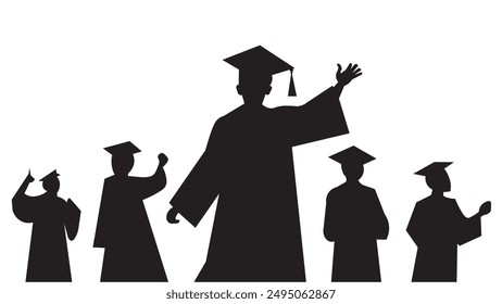 Crowd of graduates in mantles, throws up the square academic caps. Graduated student. Happy Graduation Activity Silhouettes.