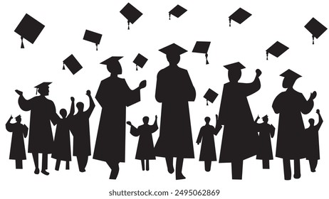 Crowd of graduates in mantles, throws up the square academic caps. Graduated student. Happy Graduation Activity Silhouettes.