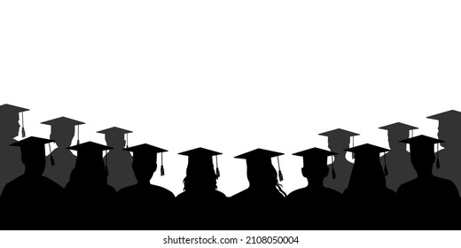 Crowd of graduates in square academic caps, silhouettes. Graduation. Vector illustration