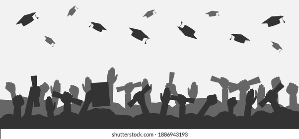 Crowd of graduates throws up academic caps. Silhouettes of graduate people throwing cap and raised up hands with diploma. Concept of graduation university, college or high school. Vector illustration.