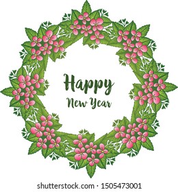 Crowd of green leaves and pattern pink floral frame, for greeting card happy new year. Vector