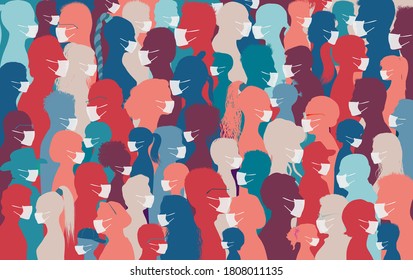 Crowd group of diversity people silhouette in profile wearing white medical face masks. Coronavirus or pollution protection. Lockdown. Quarantine. Multiethnic multicultural person