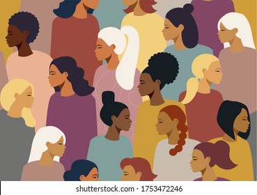 The crowd, a group of girls of different nationalities. Female beautiful, diverse faces, seamless texture. Women's Empowerment Movement. International Women's Day, vector illustration.