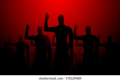 The crowd, a group of people all vote with their right hands.The concept of identical views, dictatorship, unanimity and exclusion, dissimilar to the crowd.