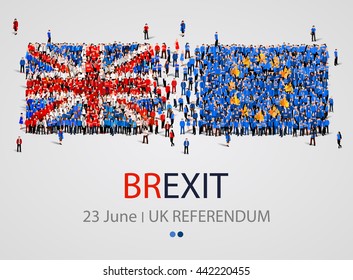 Crowd or group of people in form of British and Europe flags moving in different directions. United Kingdom European Union membership referendum. Brexit. Vector illustration