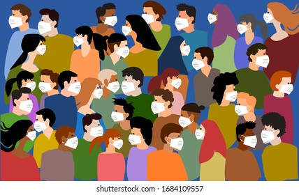 Crowd group of peoples wearing face mask on public street illustration vector