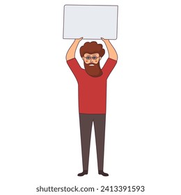 Crowd of guy protesters.Angry men  on protest.Peaceful demonstration.People holding signs and protesting together.Political protest. Worker strike.Character cartoon vector illustration.