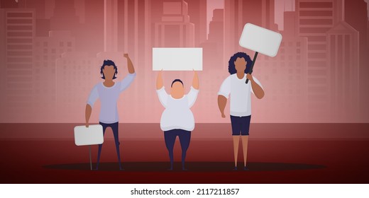 A crowd of guys with banners are protesting. Cartoon style. Vector illustration.