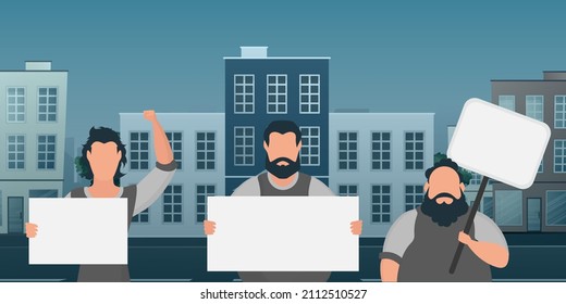 A crowd of guys with banners are protesting. Prosky style. Vector illustration.