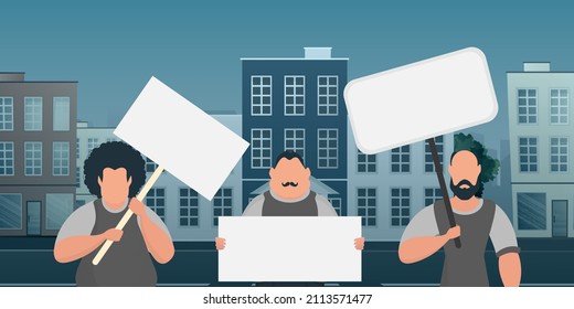 A crowd of guys with banners in their hands are protesting. Prosky style. Vector illustration.