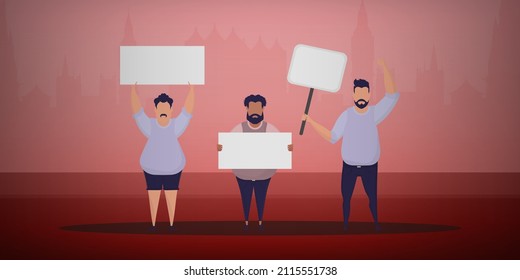 A crowd of guys with banners in their hands came out to protest. Prosky style. Vector illustration.