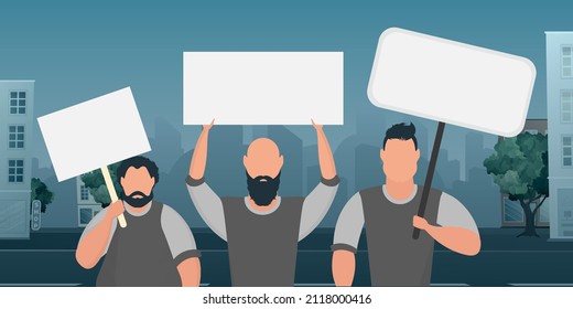 A crowd of guys with banners in their hands are protesting. Cartoon style. Vector illustration.