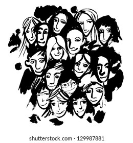 Crowd (hand-drawn by dry brush). Vector.
