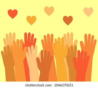 Crowd of hands of different people on an isolated background. Symbol. Vector illustration.