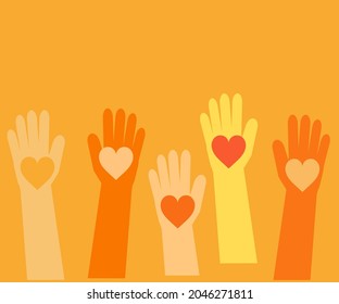 Crowd of hands of different people on an isolated background. Vector illustration.