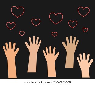 A crowd of hands of different people on a black background. Symbol. Vector illustration.